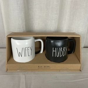 RAE DUNN Artisan Collection Wifey Hubby Black White Mug Coffee Cup Wedding Gift
